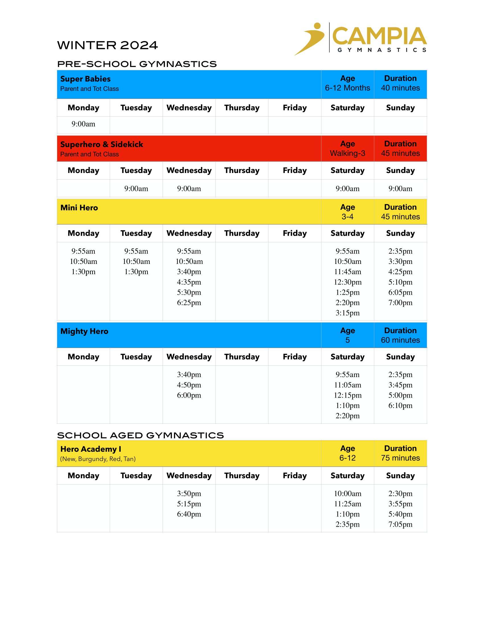 Winter 2024 Recreational Class Schedule Campia Gymnastics Club Inc